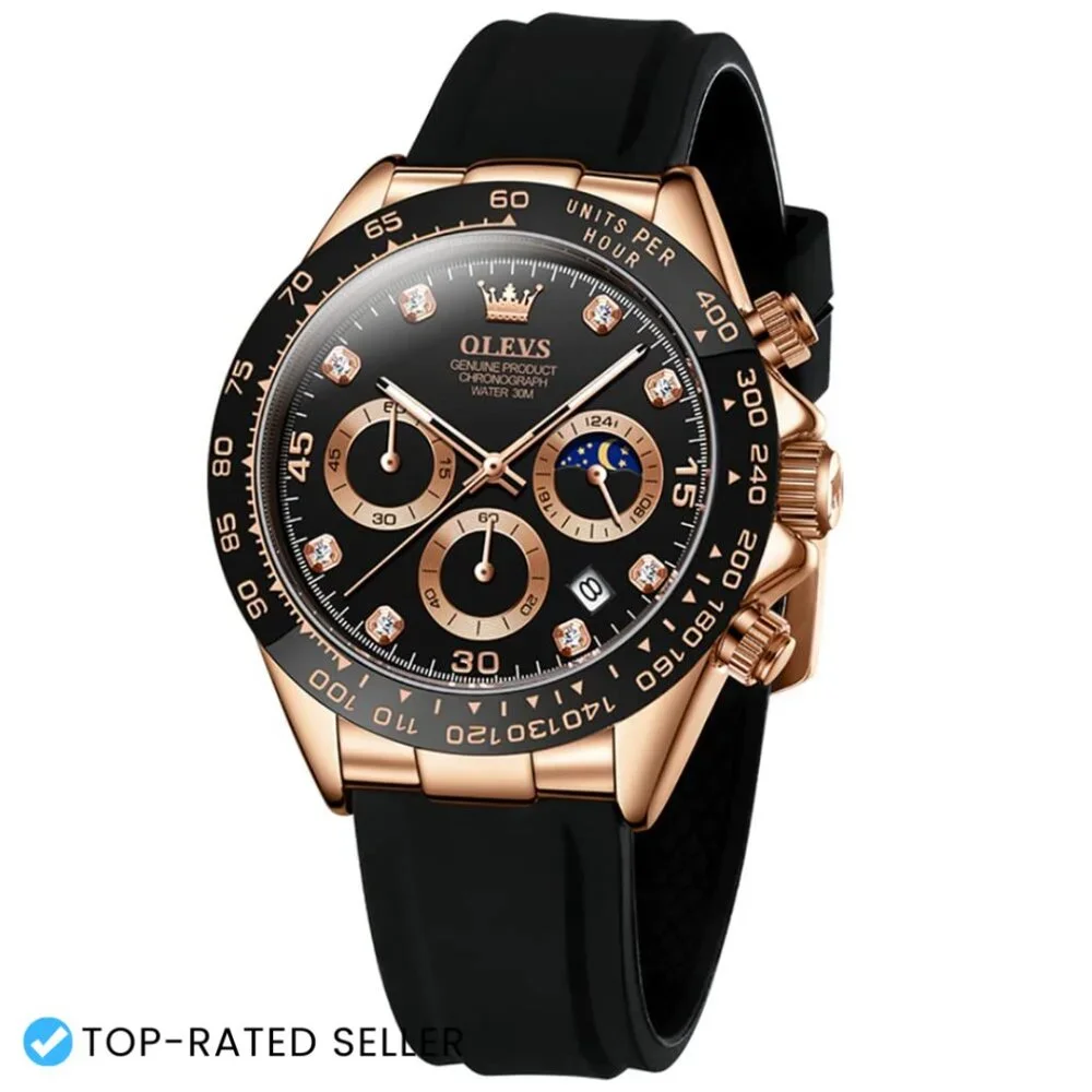 Analog Quartz Chronograph Watch Luminous Moon Phase Silicone Band Dress